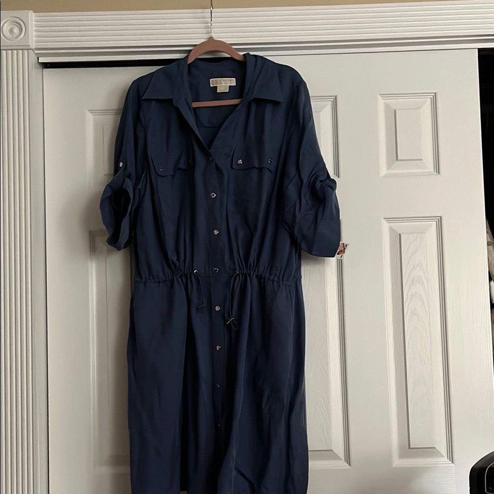 Michael Kors Blue Notched Collar Cuffed Sleeve Dress